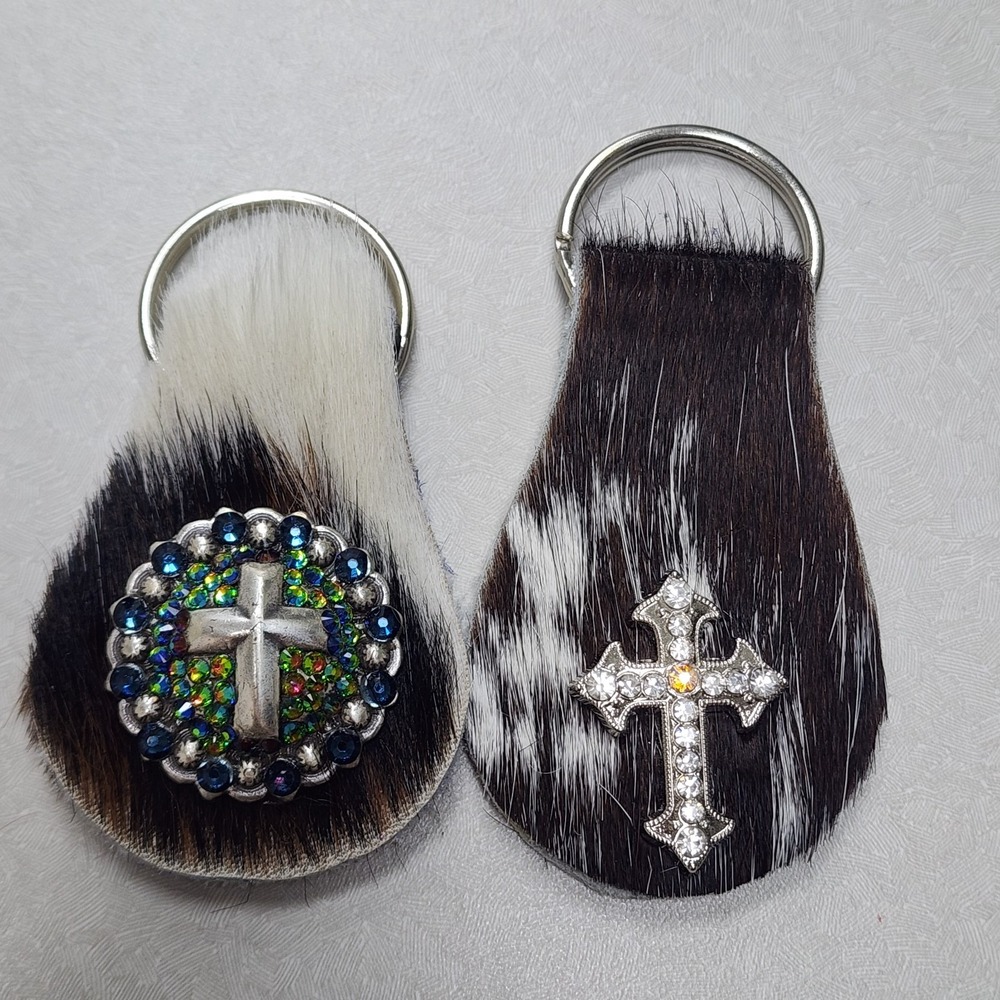 Lot Of 2 Cowhide Cross Rhinestones Keychain Fob Cross Rustic Brown White